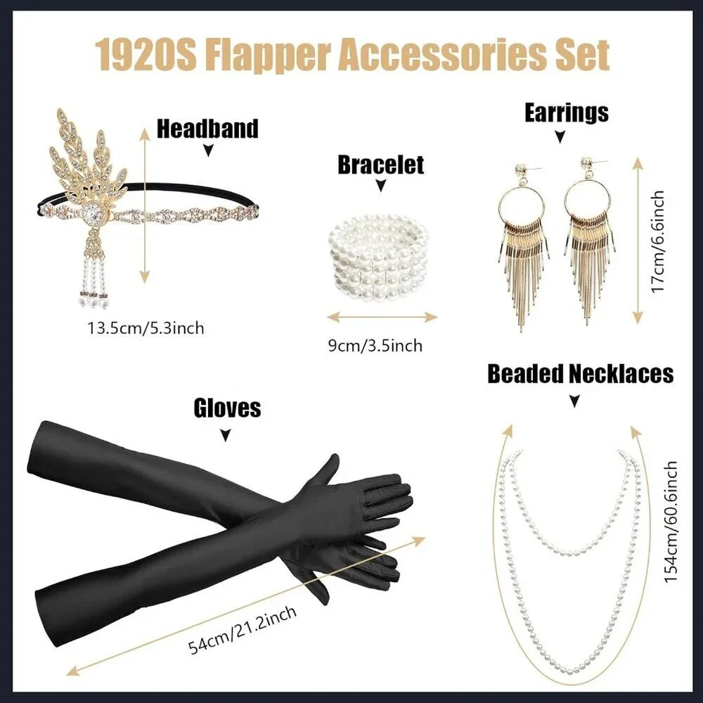 Women Flapper Costume Accessories Set Vintage 1920s Headband Earrings Gloves Pea